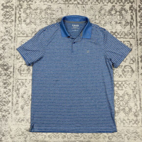 IZOD Golf Shirt Mens Sky Blue Striped Performance Polo Stretch Size Medium - Picture 1 of 6